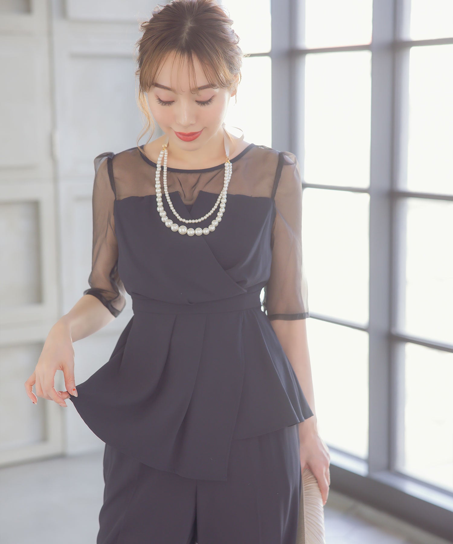 レティカ Retica カシュクールウエストリボンアシメフリルトップス ワイド パンツ ツーピースシアースリーブ セットアップ 結婚式 パーティードレス パンツドレス 大きいサイズ