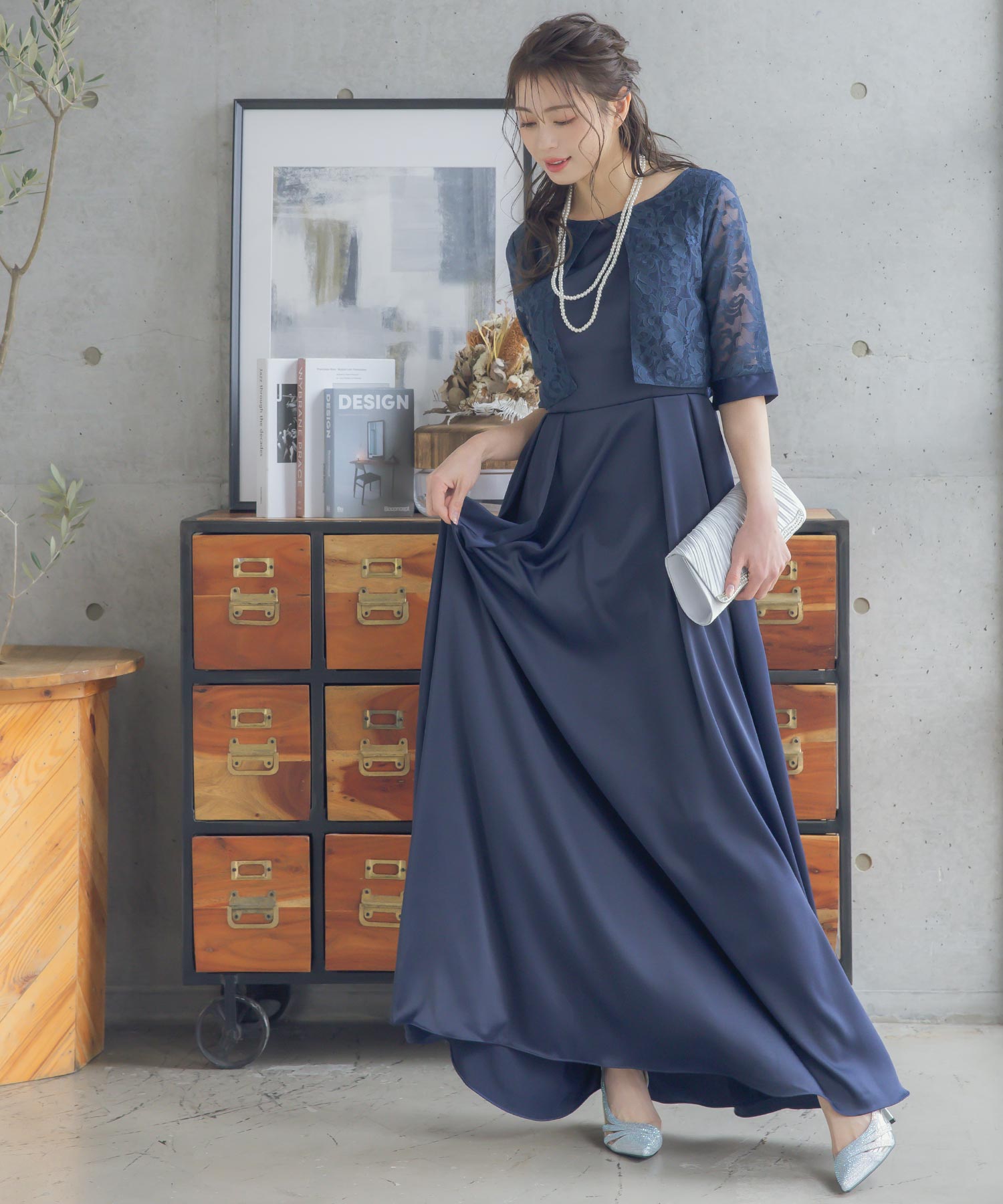 レティカ Retica 花柄レースケープ風 ハイウエストAラインスカート ワンピース ロングドレス 結婚式 パーティードレス