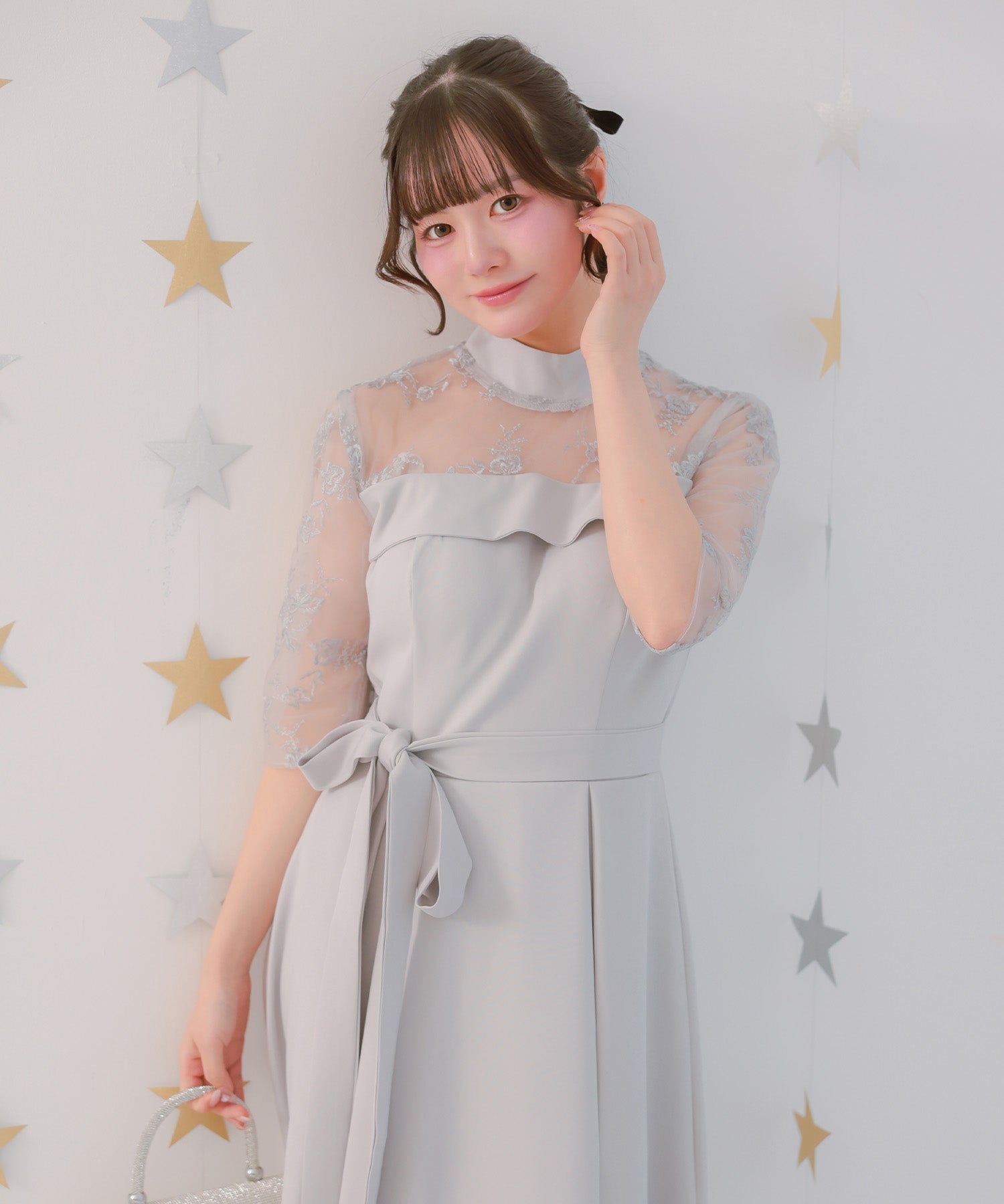 レティカ Retica ビスチェ風切り替えデザインフィッシュテールミモレ丈レーススリーブ結婚式パーティードレス 大きいサイズ（グレー） グレー