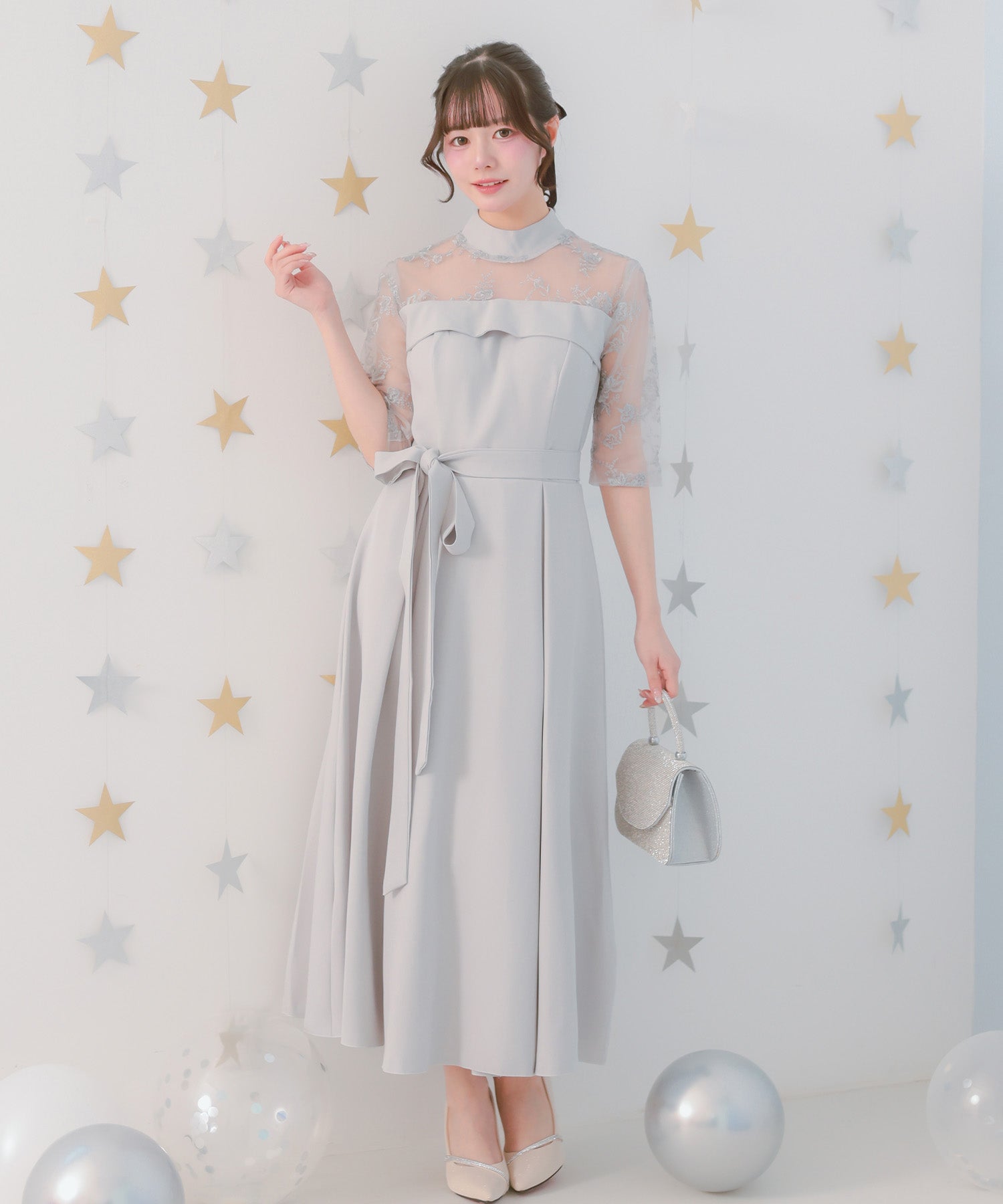 レティカ Retica ビスチェ風切り替えデザインフィッシュテールミモレ丈レーススリーブ結婚式パーティードレス 大きいサイズ（グレー） グレー