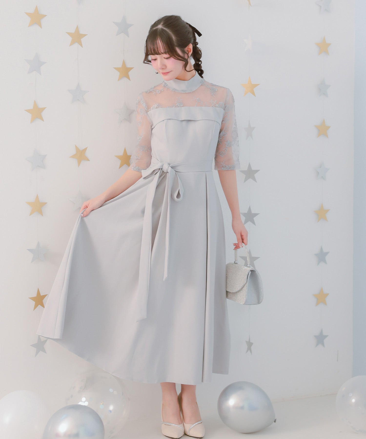 レティカ Retica ビスチェ風切り替えデザインフィッシュテールミモレ丈レーススリーブ結婚式パーティードレス 大きいサイズ（グレー） グレー
