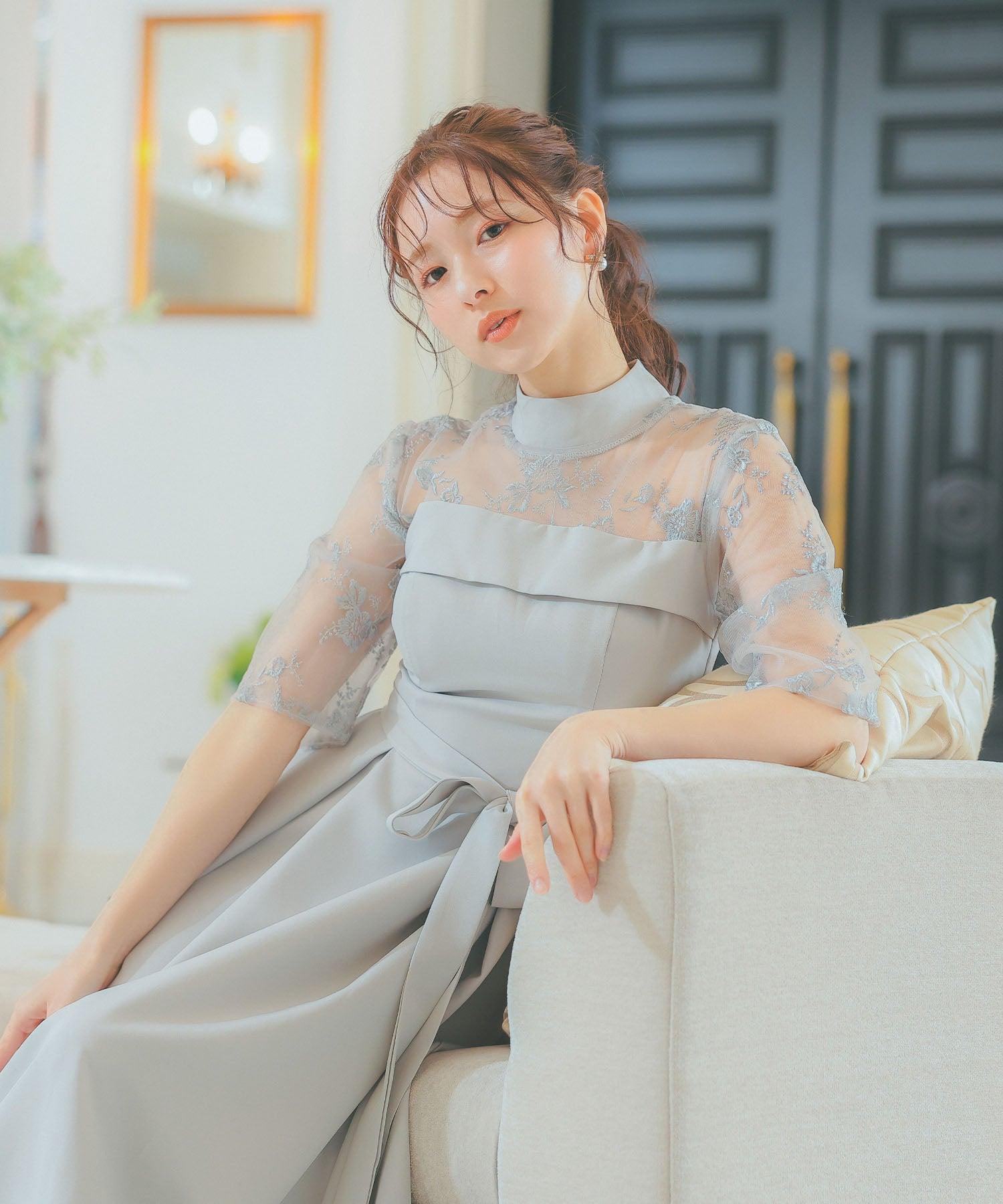 レティカ Retica ビスチェ風切り替えデザインフィッシュテールミモレ丈レーススリーブ結婚式パーティードレス 大きいサイズ（グレー） グレー