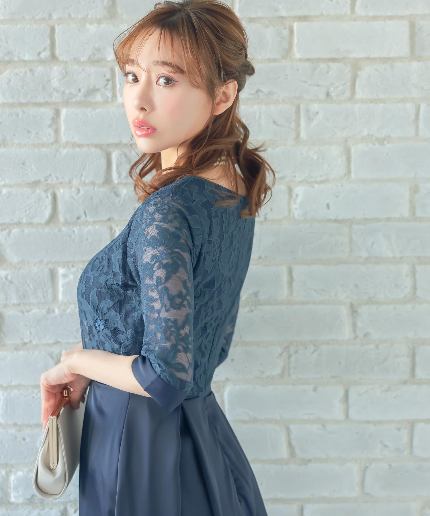 レティカ Retica 花柄レースケープ風 ハイウエストAラインスカート ワンピース 膝丈ドレス 結婚式 パーティードレス 大きいサイズ