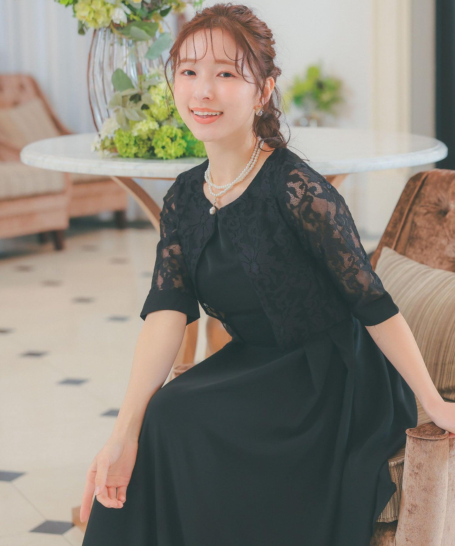 レティカ Retica パーティードレス 花柄レースケープ風 ハイウエストAラインスカート ワンピース 膝丈ドレス 結婚式 ドレス 大きいサイズ 20代 30代 40代 （ブラック） ブラック