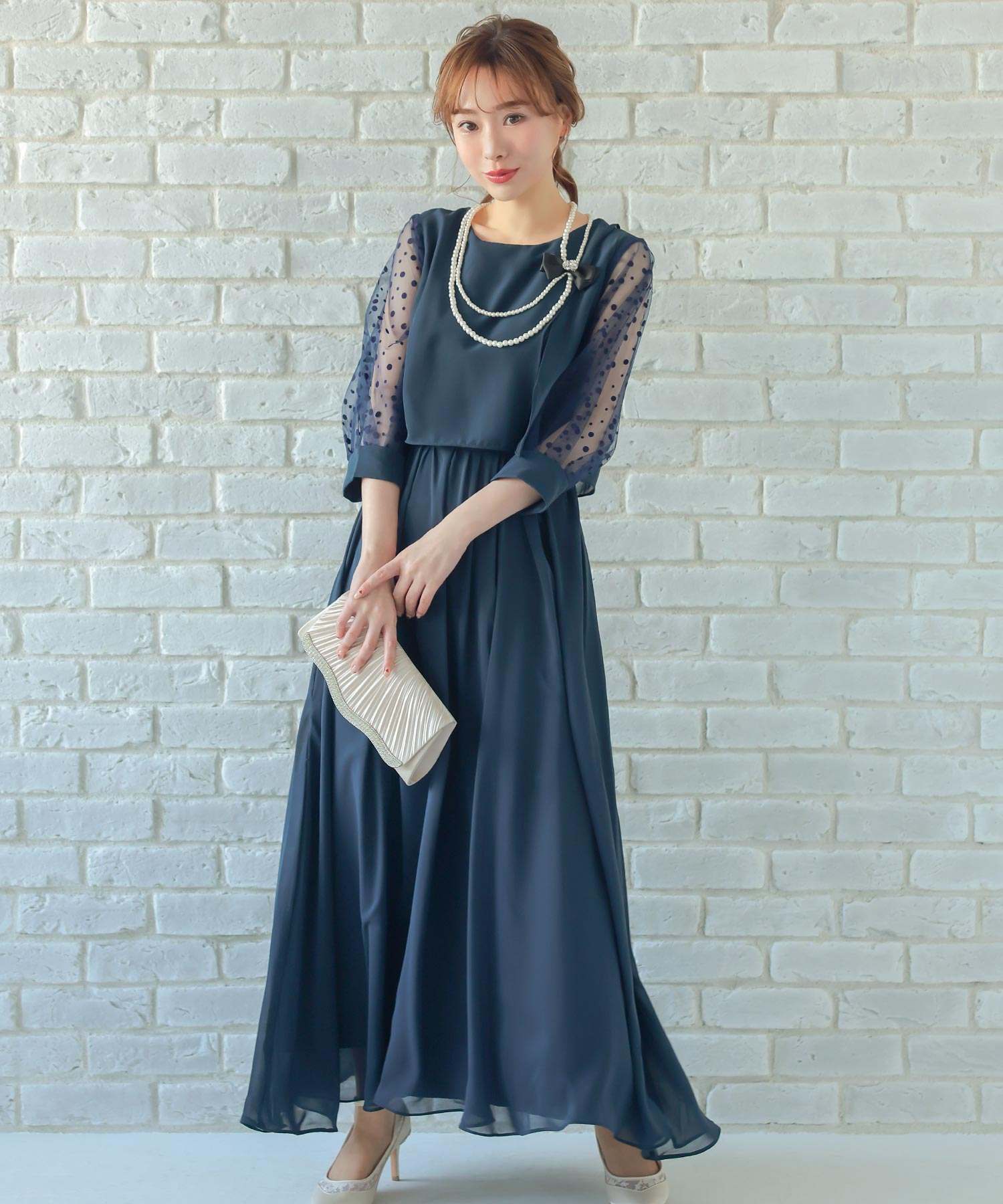white christmas dresses Long Length Party Dress with Dot Pattern Three-Quarter Sleeve Chiffon