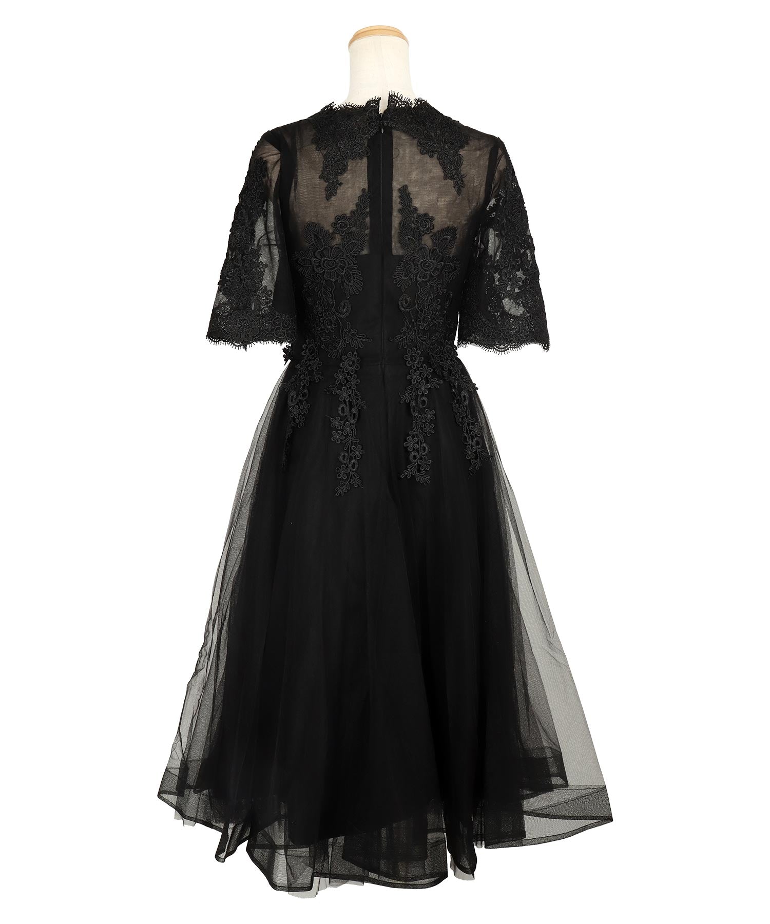 レティカ Retica 立体刺繍重ねチュール五分袖ミモレ丈ワンピースパーティードレス 大きいサイズ（ブラック） ブラック