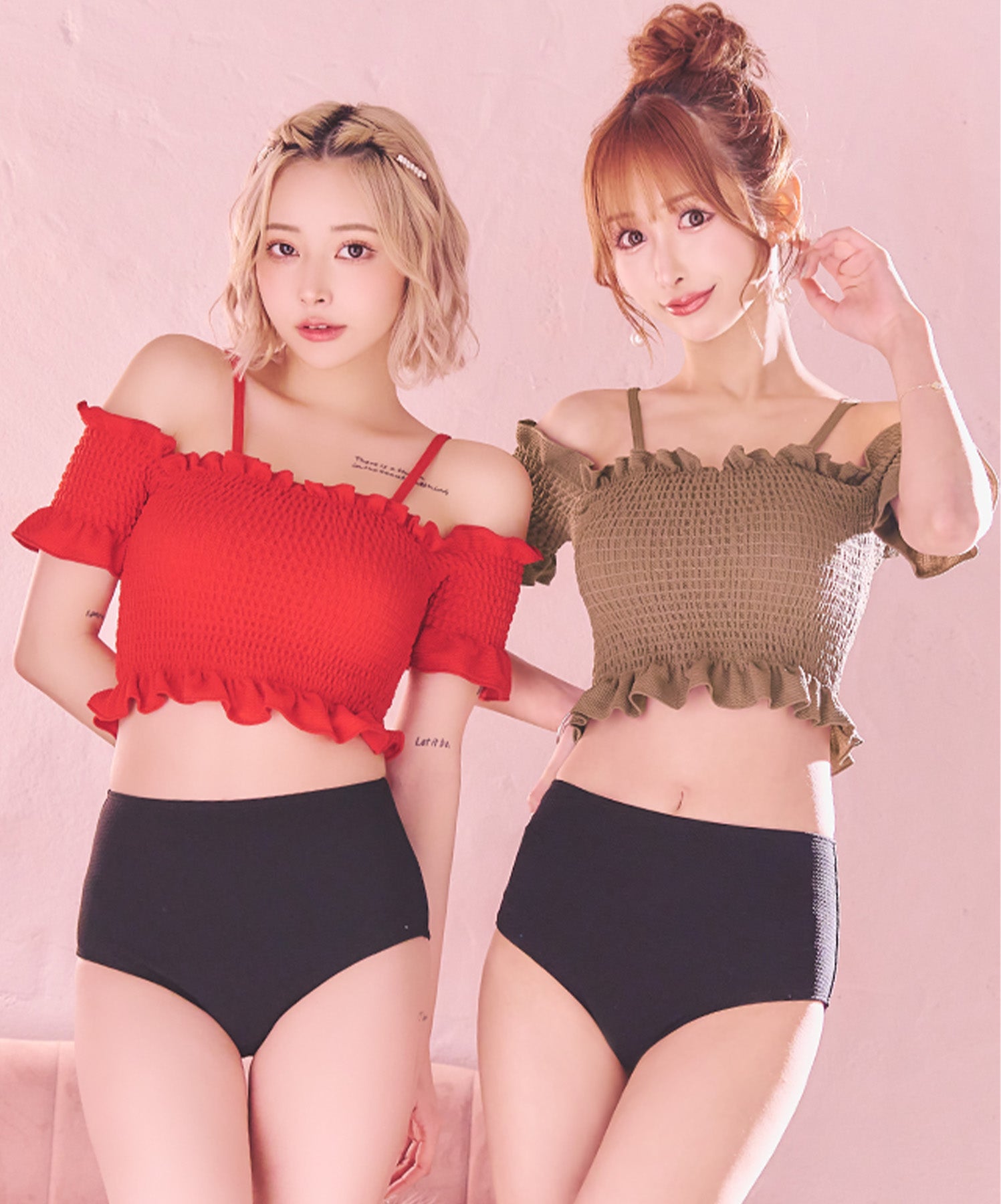 レティカ Retica 水着 オフショルシャーリングビスチェ体型カバーハイウエスト韓国風タンキニ【返品不可商品】
