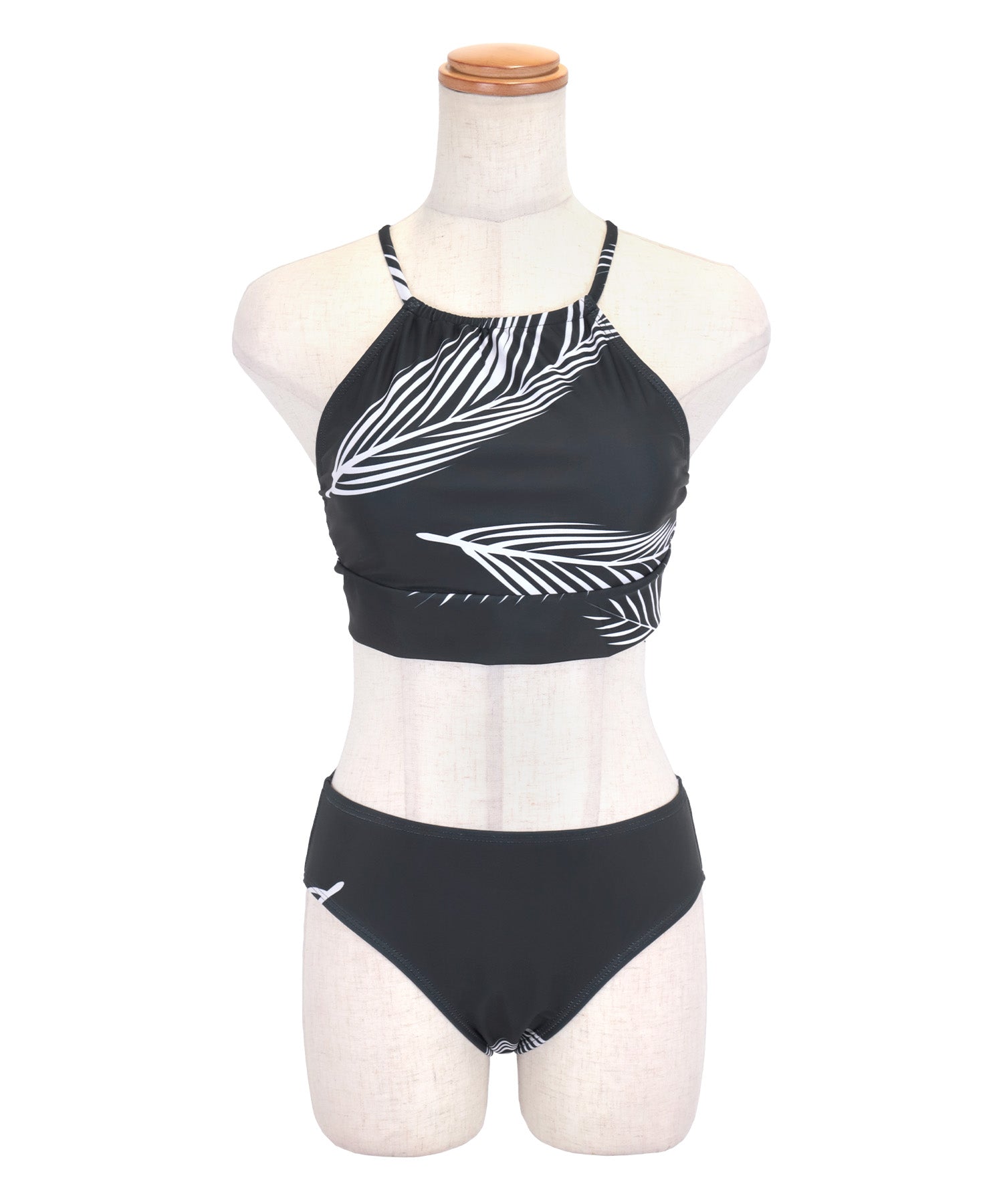Retica swimsuit with 2-way large pareo, high-neck American sleeve bustier, body-covering monochrome leaf gal bikini