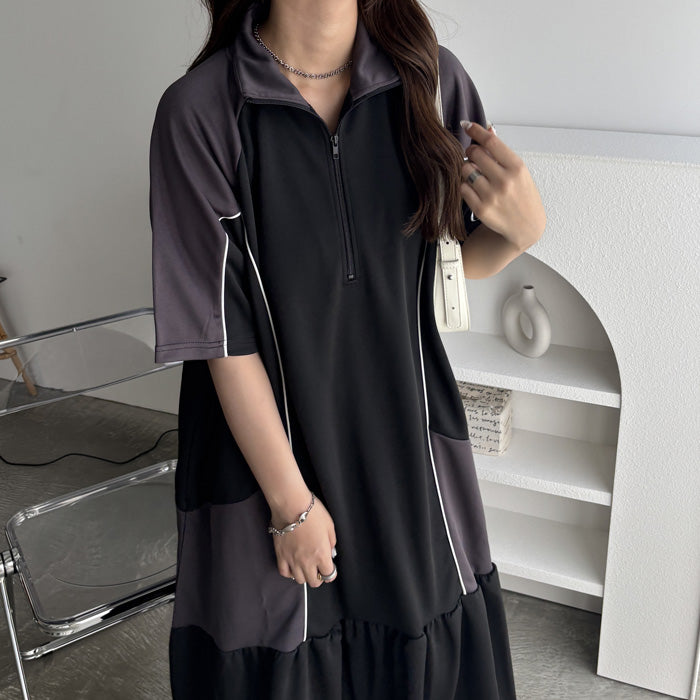 ジーラ GeeRA 《FIRSTMOODコラボ》ハーフジップ配色半袖ワンピース （ブラック） ブラック