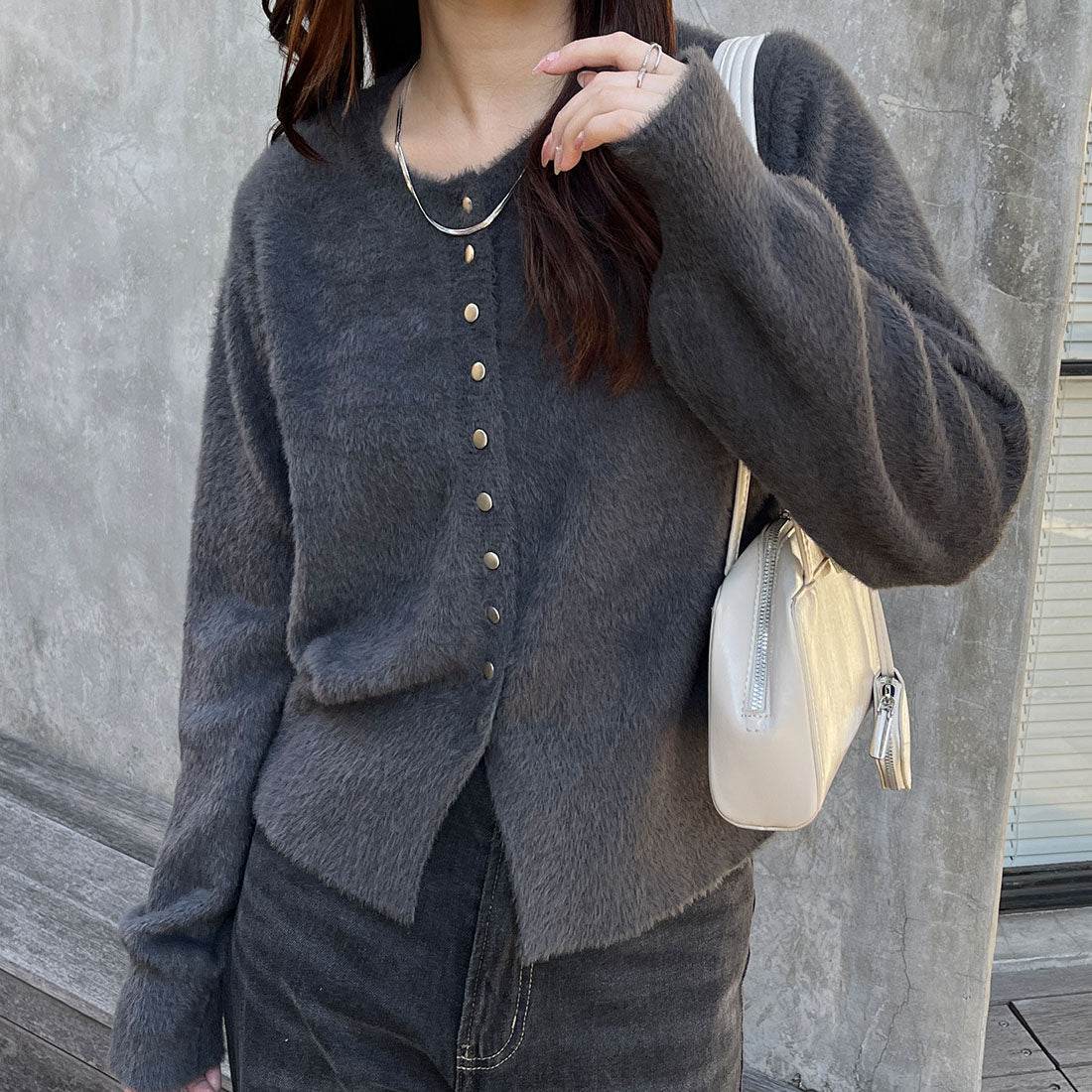 ジーラ GeeRA 裾スリットシャギーコンパクトカーディガン （グレー） グレー