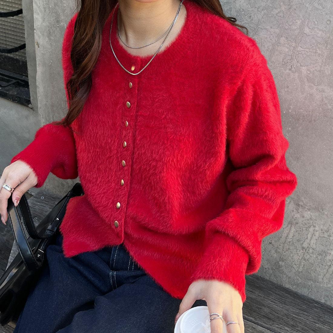 ジーラ GeeRA 裾スリットシャギーコンパクトカーディガン（レッド） レッド