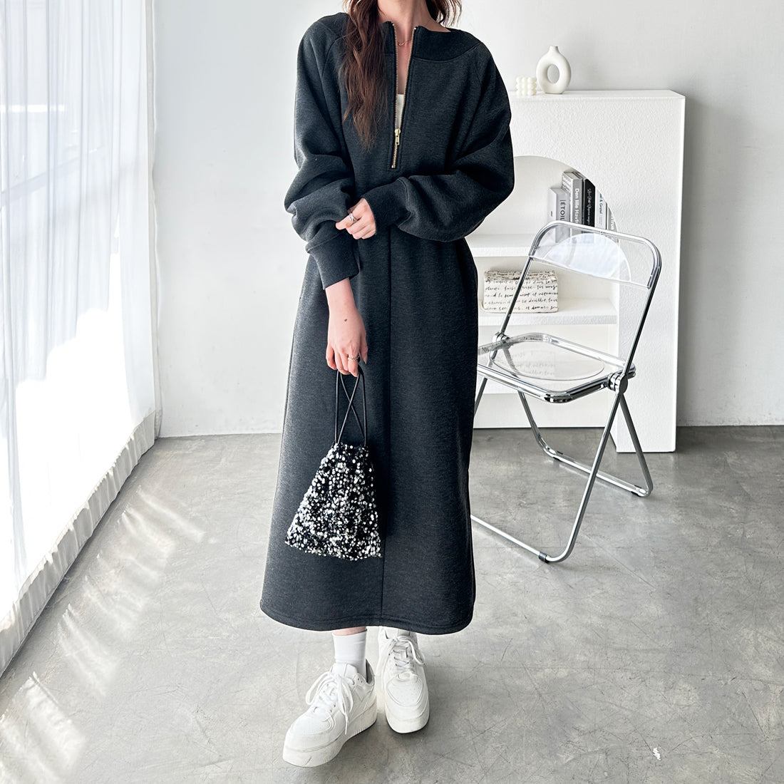 ジーラ GeeRA 前後2WAYハーフジップスウェットワンピース （モクチャコール） モクチャコール