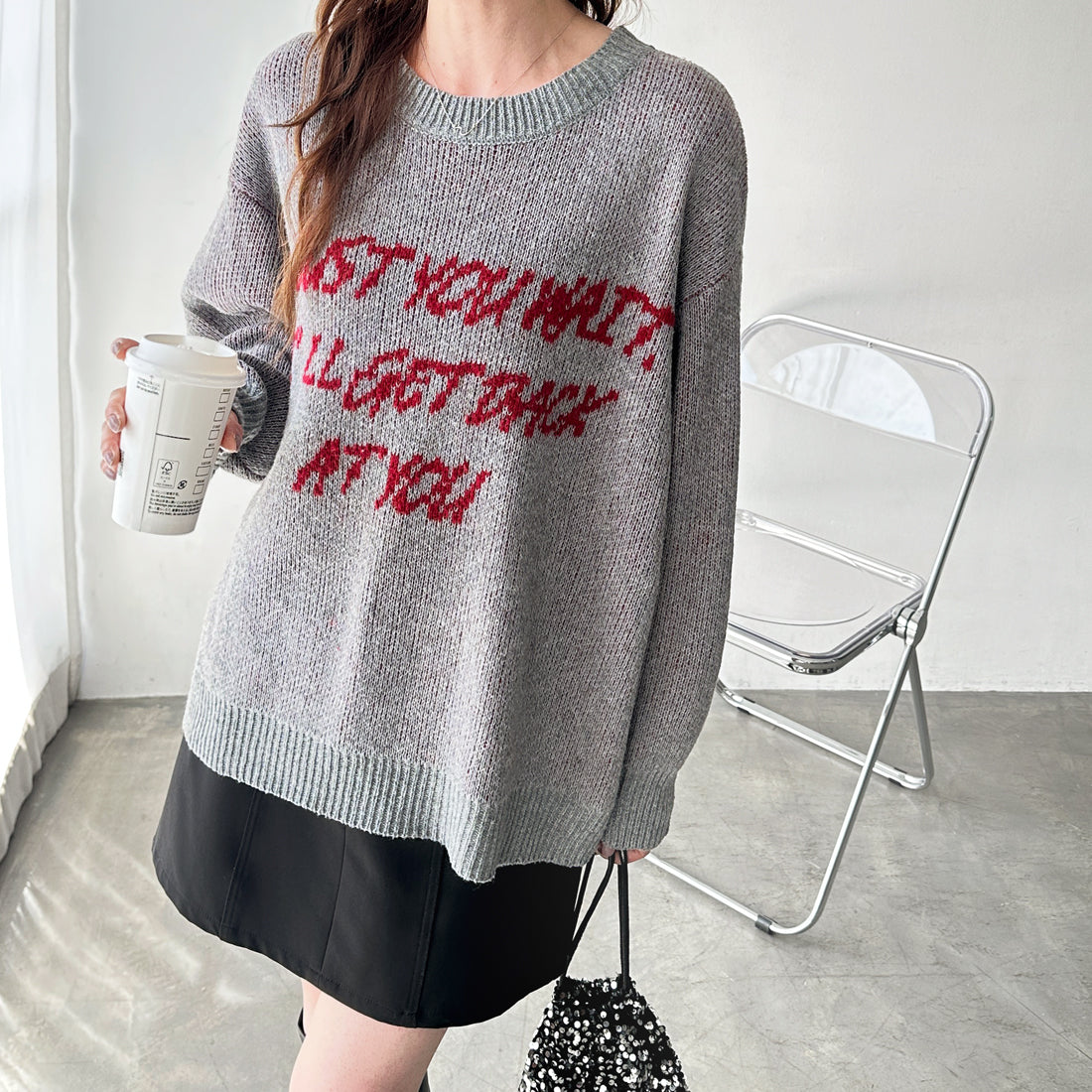 ジーラ GeeRA あったかモヘアライク素材！ジャガードニットトップス （グレー） グレー