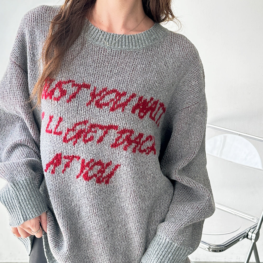 ジーラ GeeRA あったかモヘアライク素材！ジャガードニットトップス （グレー） グレー