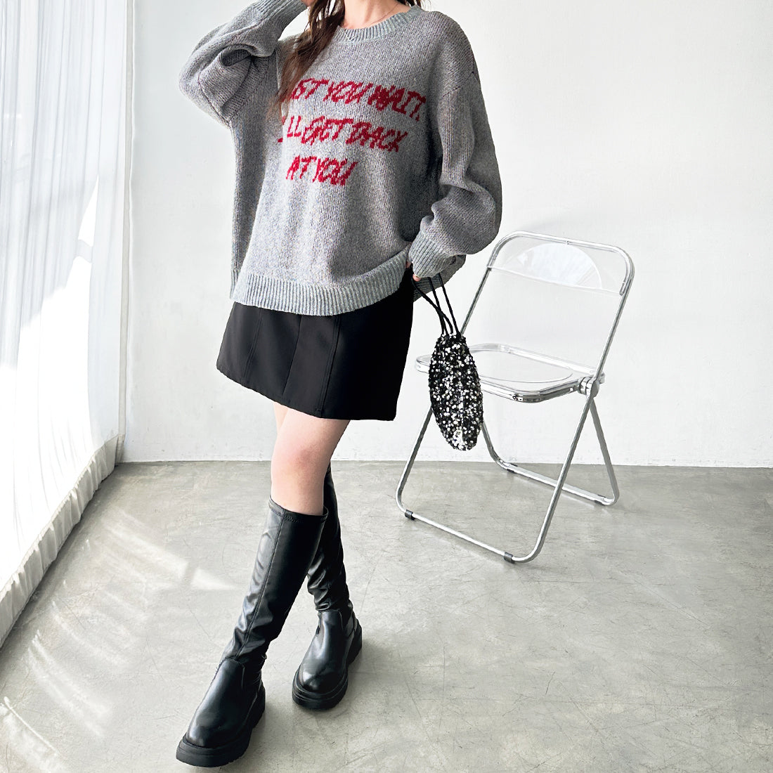 ジーラ GeeRA あったかモヘアライク素材！ジャガードニットトップス （グレー） グレー