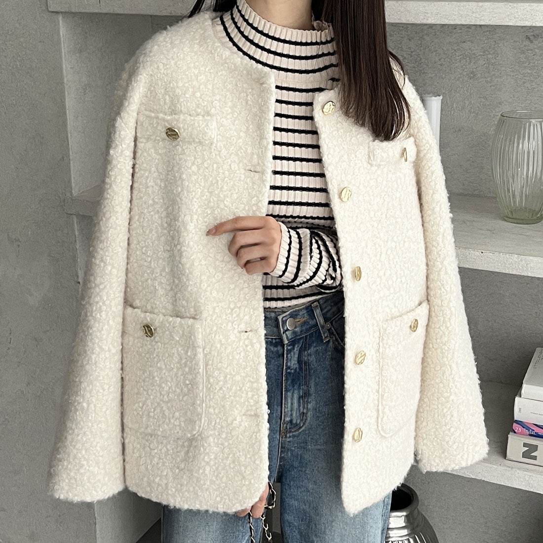 ジーラ GeeRA プードル起毛リングウールライク金ボタンノーカラージャケットコートアウター （アイボリー） アイボリー