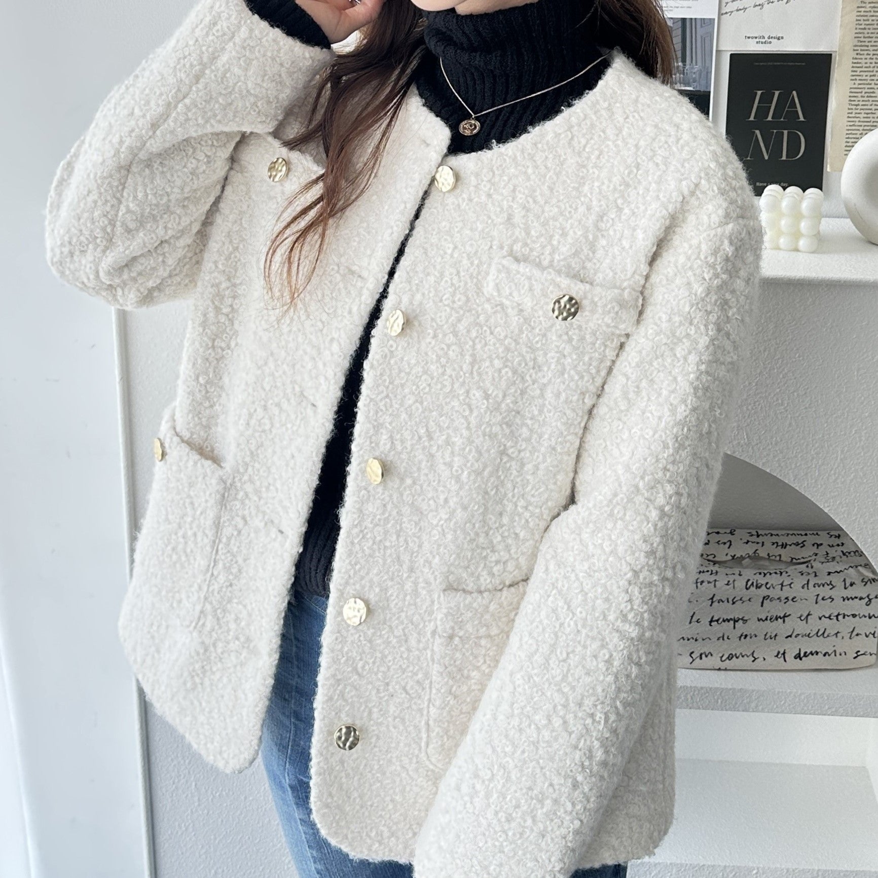 ジーラ GeeRA プードル起毛リングウールライク金ボタンノーカラージャケットコートアウター （アイボリー） アイボリー