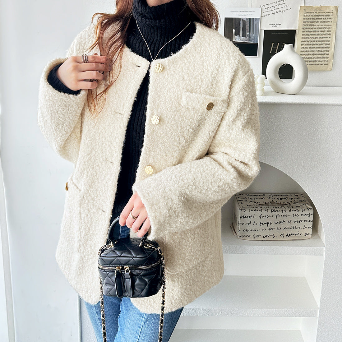 ジーラ GeeRA プードル起毛リングウールライク金ボタンノーカラージャケットコートアウター （アイボリー） アイボリー