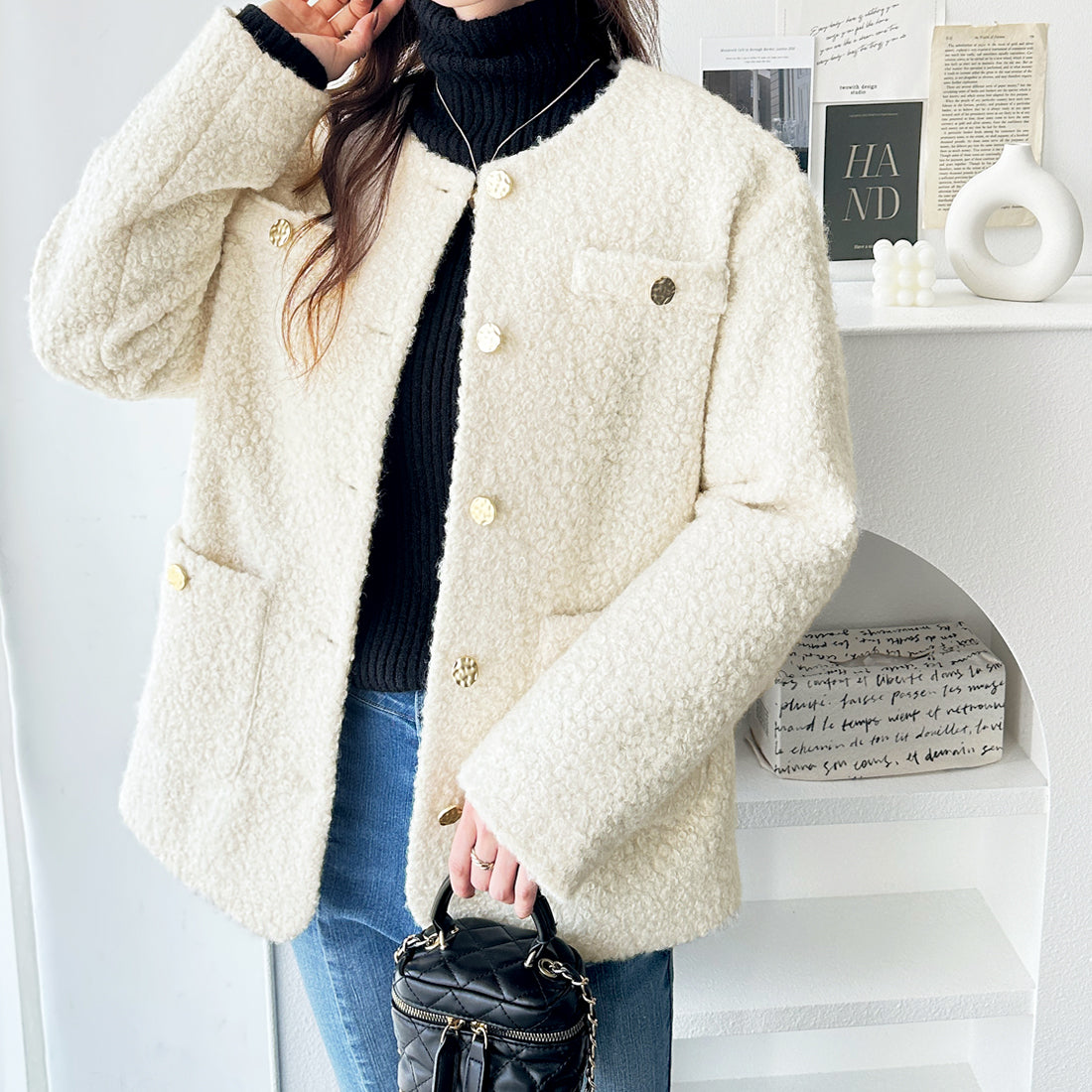 ジーラ GeeRA プードル起毛リングウールライク金ボタンノーカラージャケットコートアウター （アイボリー） アイボリー