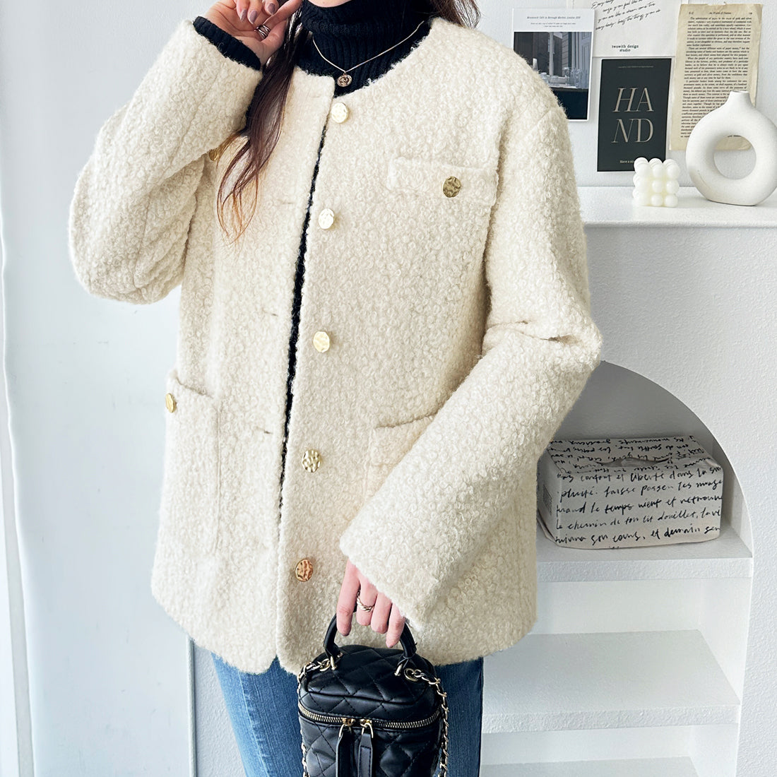 ジーラ GeeRA プードル起毛リングウールライク金ボタンノーカラージャケットコートアウター （アイボリー） アイボリー