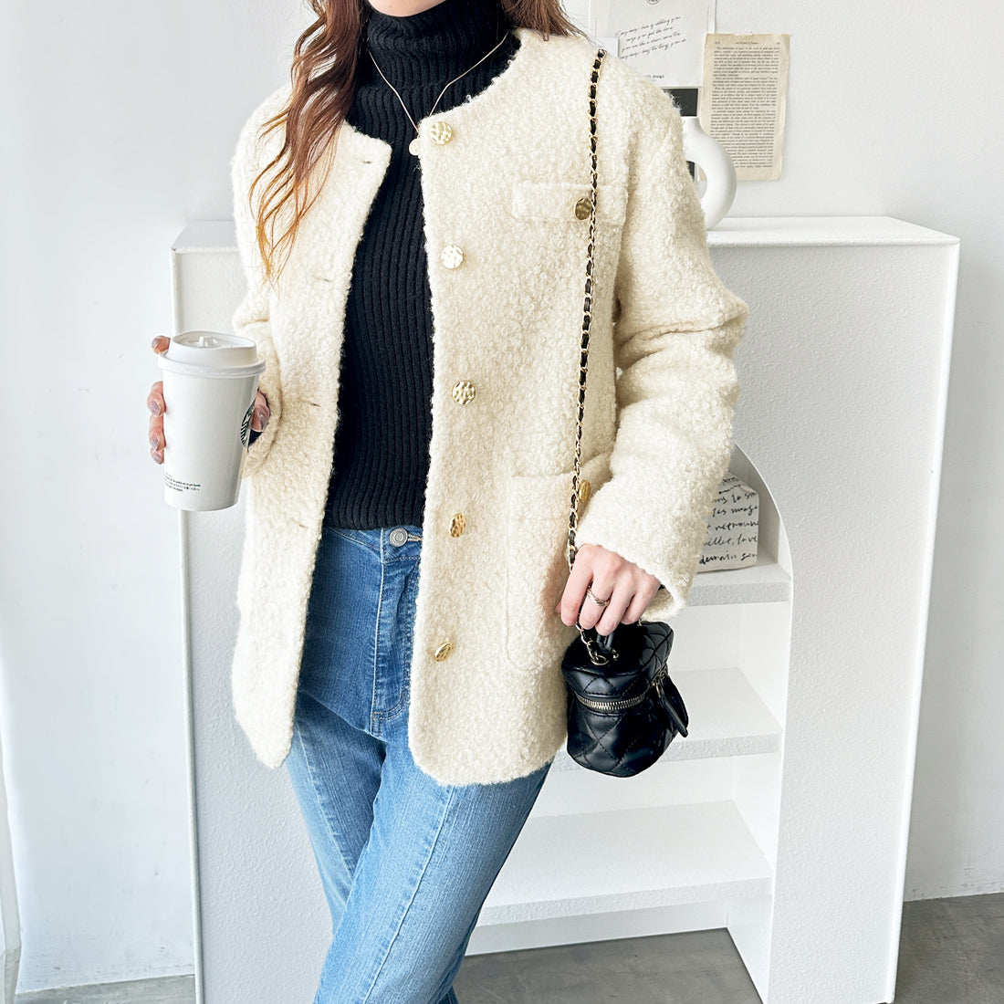 ジーラ GeeRA プードル起毛リングウールライク金ボタンノーカラージャケットコートアウター （アイボリー） アイボリー