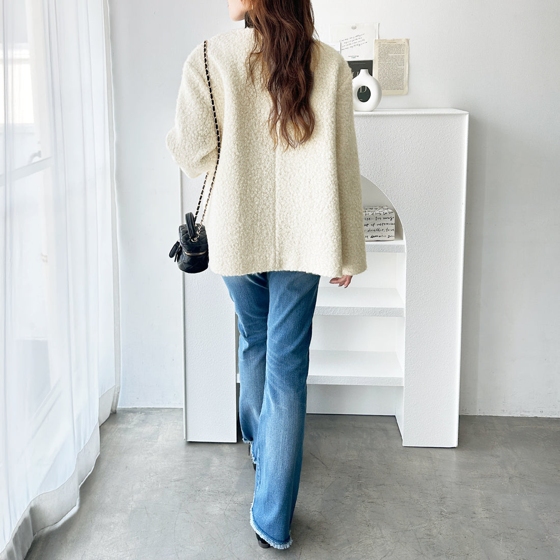 ジーラ GeeRA プードル起毛リングウールライク金ボタンノーカラージャケットコートアウター （アイボリー） アイボリー