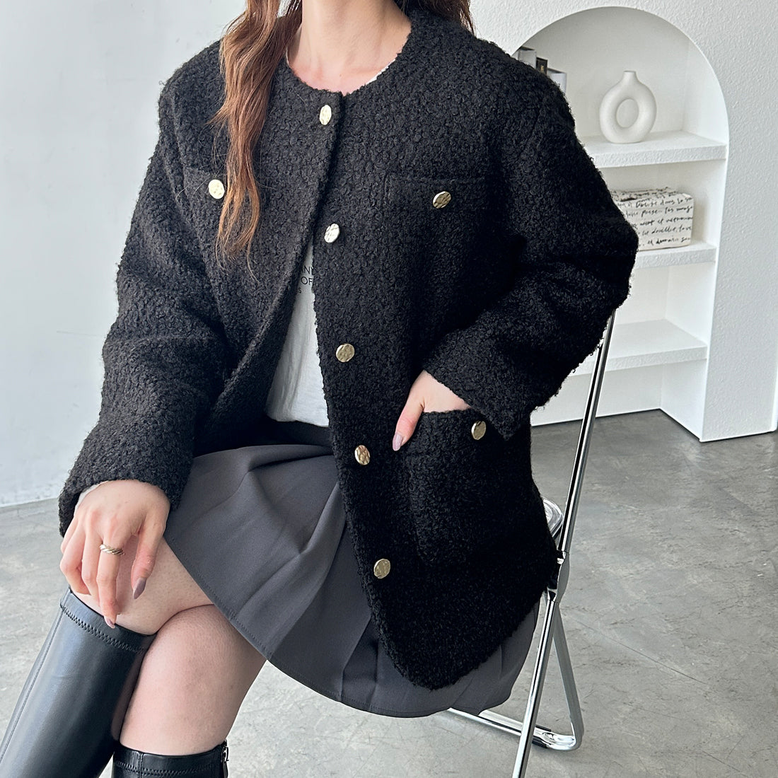 ジーラ GeeRA プードル起毛リングウールライク金ボタンノーカラージャケットコートアウター （アイボリー） アイボリー