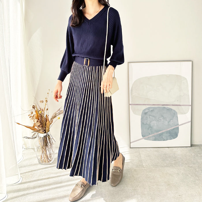 ジーラ GeeRA 前後2WAYプリーツニットワンピース （ネイビー） ネイビー