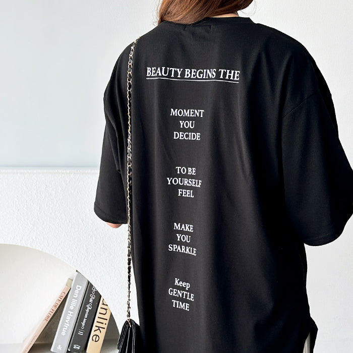 ジーラ GeeRA プリントチュニックTシャツ,バックメッセージブラック