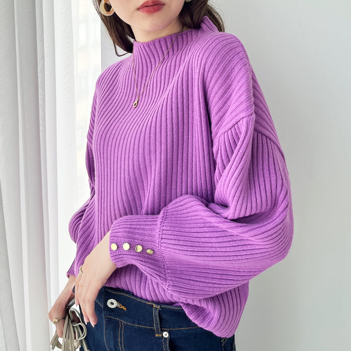 ジーラ GeeRA 袖ボタンボトルネックリブニット,パープルピンク