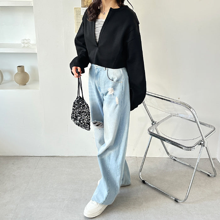 ジーラ GeeRA 柔らか素材深Vネックスウェット （ブラック） ブラック