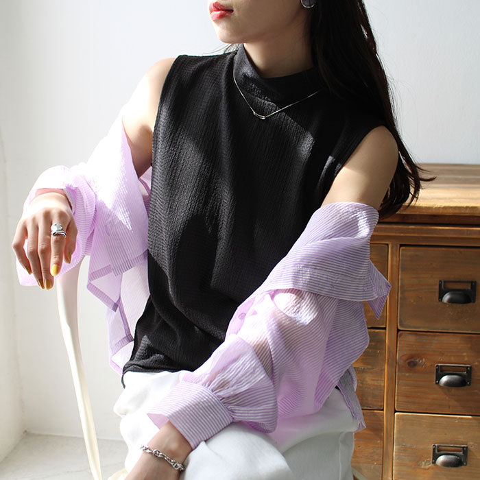 ジーラ GeeRA カットジャカードノースリーブハイネックブラウス,ブラック