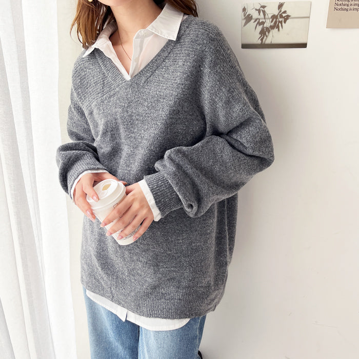 ジーラ GeeRA モチモチ素材編地切替Vネックニット