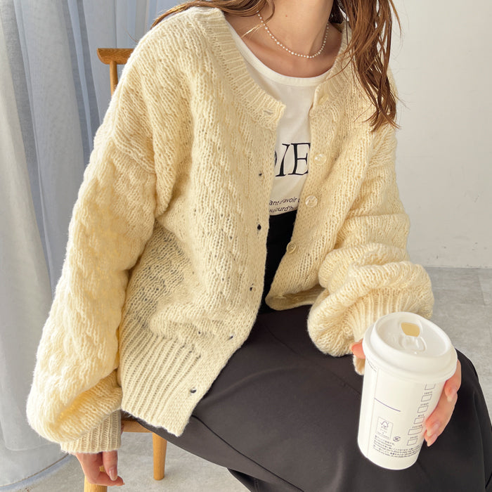 ジーラ GeeRA ポコポコケーブル編ニットカーディガン,アイボリー