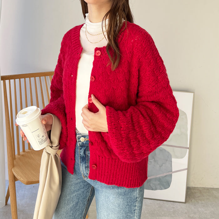 ジーラ GeeRA ポコポコケーブル編ニットカーディガン,レッド