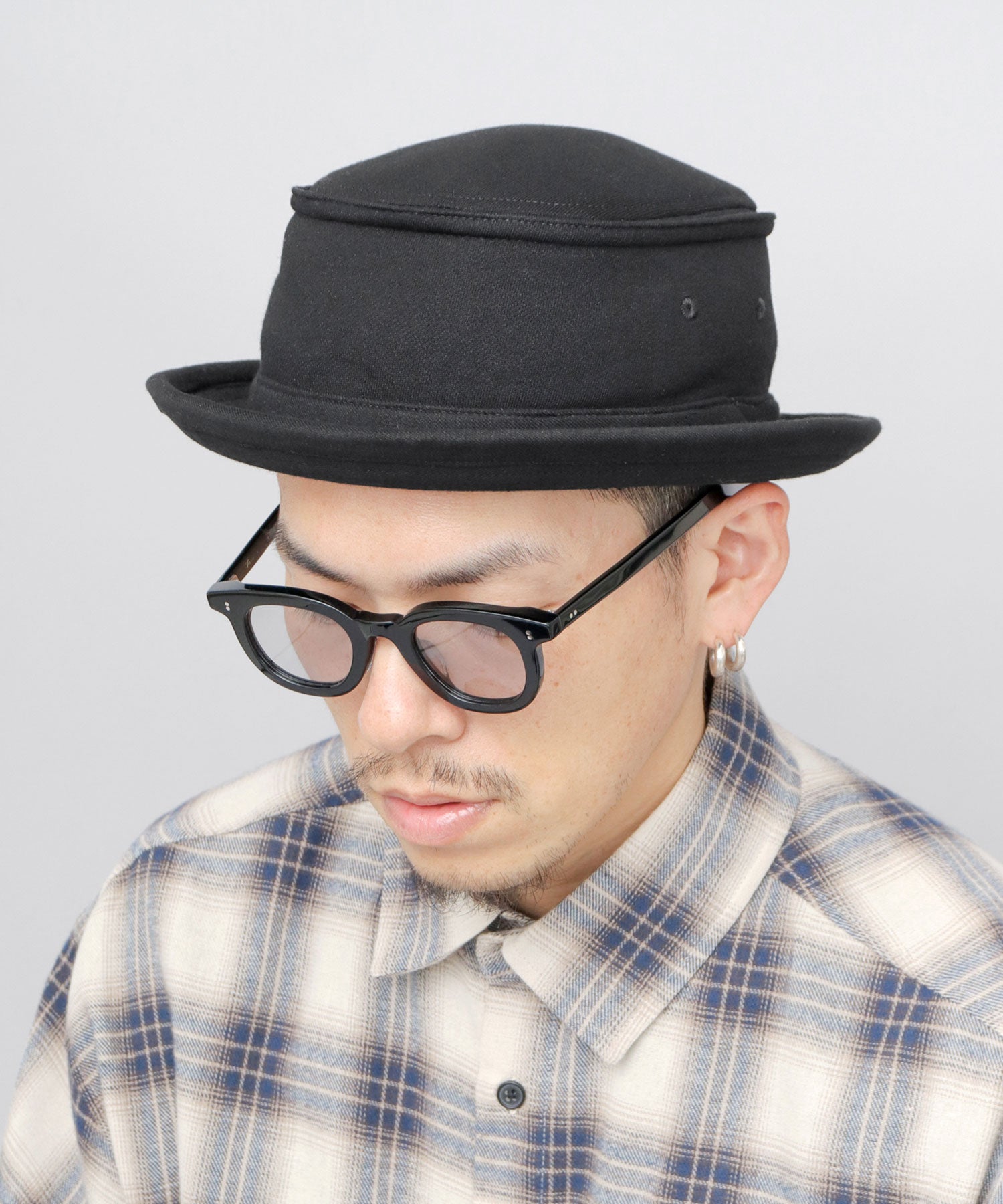 レックハッター Req Hatter ハット ポークパイハット メンズ 帽子 デニム コットン スウェット 3素材 つば短め つば 短い （ブラック-B(スウェット)） ブラック-B(スウェット)