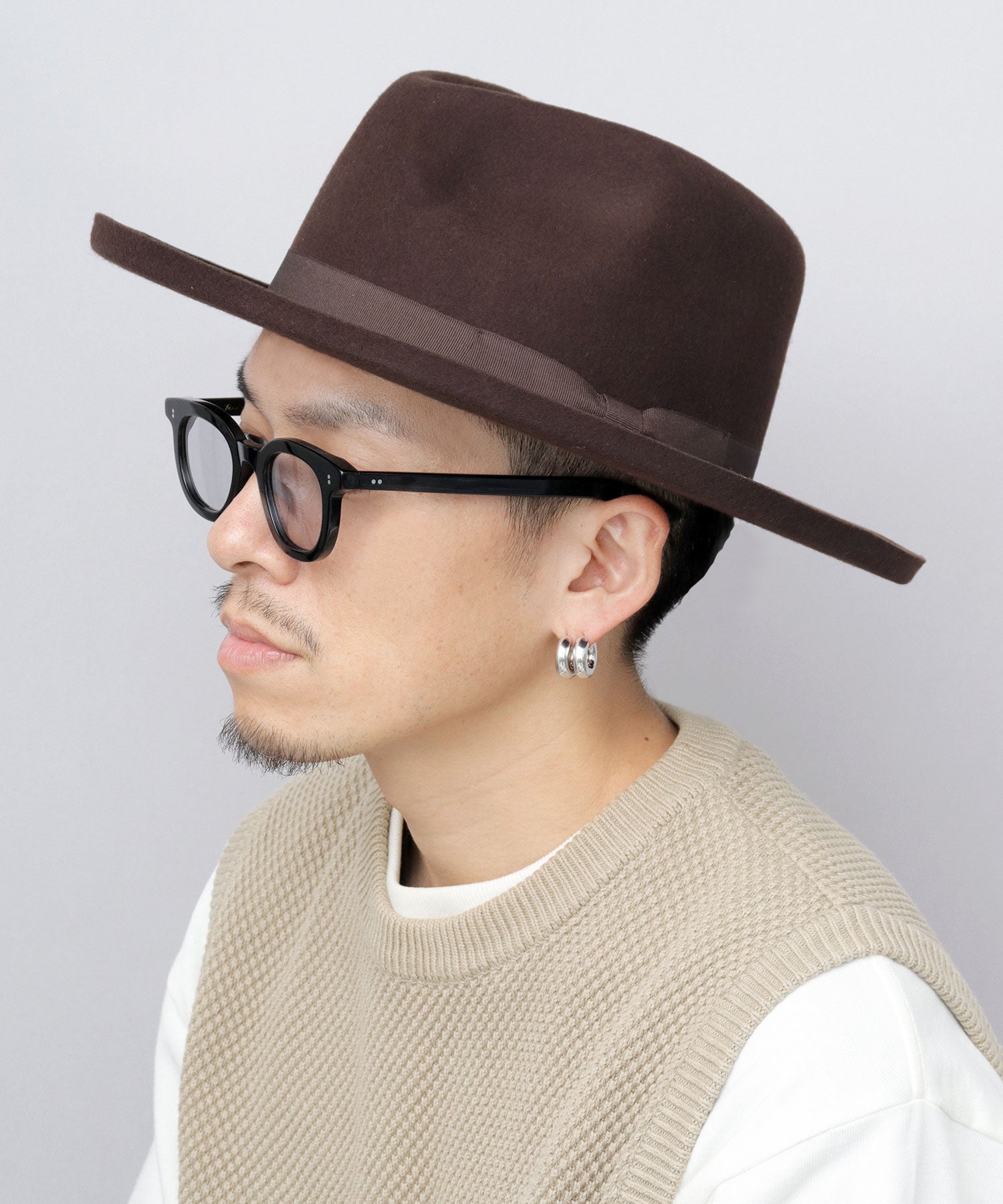 レックハッター Req Hatter フラット ブリムアップ ロング 中折れハット / ウール ロングブリム フェルトハット / つば広 （ブラウン） ブラウン