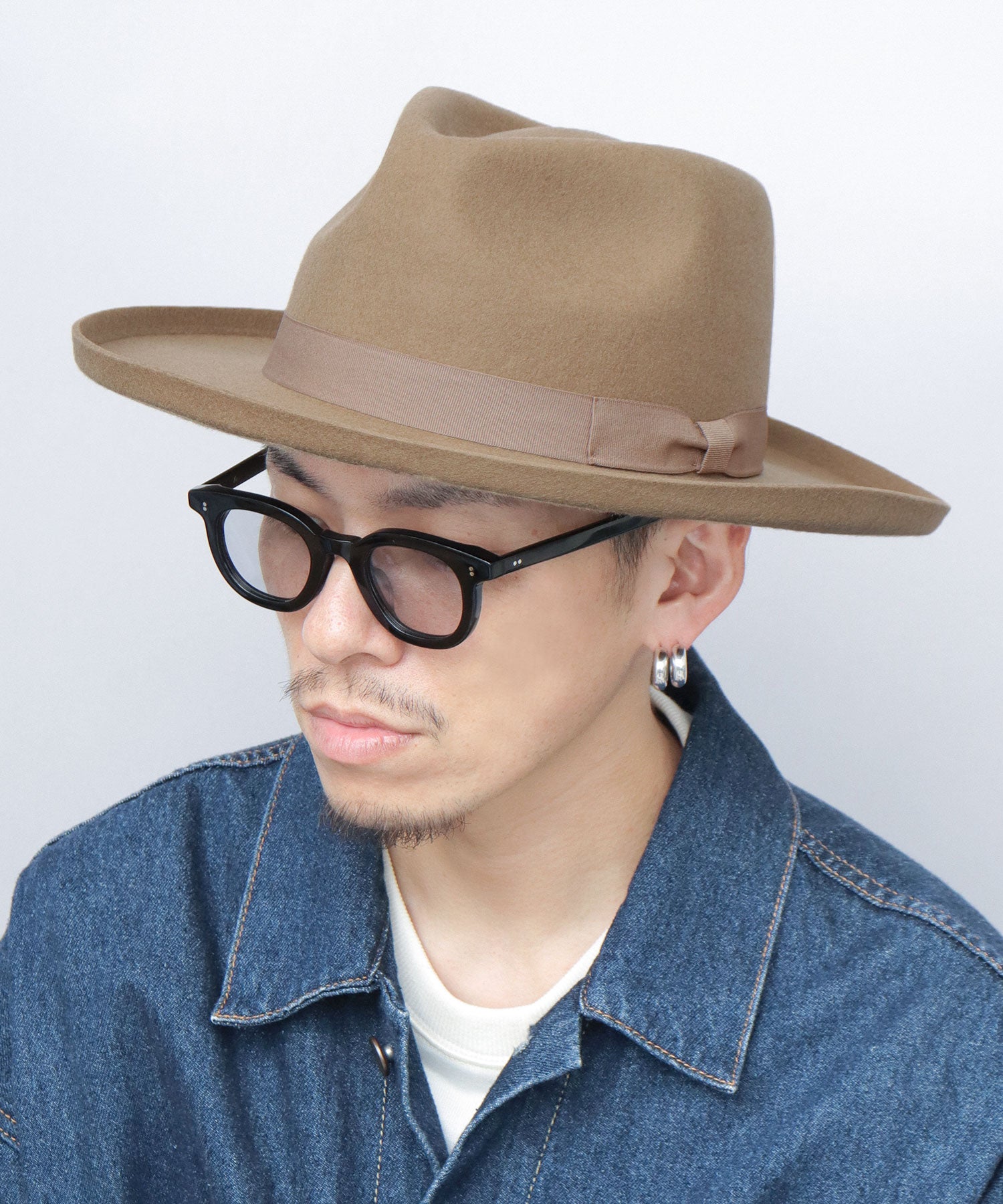 レックハッター Req Hatter フラット ブリムアップ ロング 中折れハット / ウール ロングブリム フェルトハット / つば広 （ブラウン） ブラウン