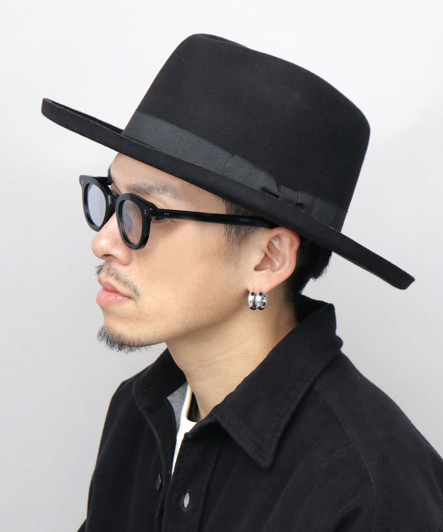 レックハッター Req Hatter フラット ブリムアップ ロング 中折れハット / ウール ロングブリム フェルトハット / つば広 （ブラック） ブラック