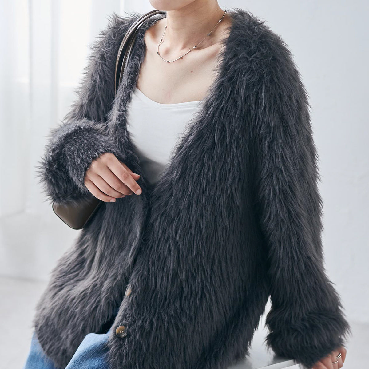 ラナン RANAN ロングフェザーシャギーオーバーカーデ