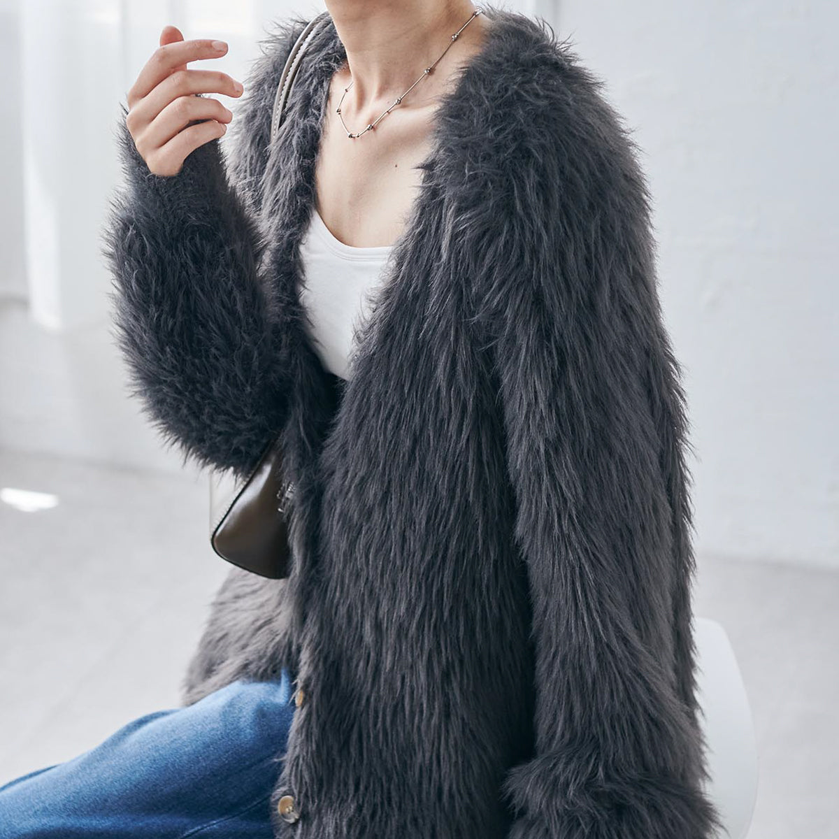 ラナン RANAN ロングフェザーシャギーオーバーカーデ