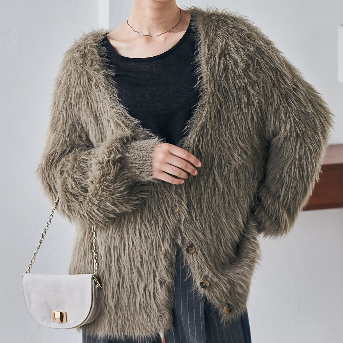 ラナン RANAN ロングフェザーシャギーオーバーカーデ,モカ