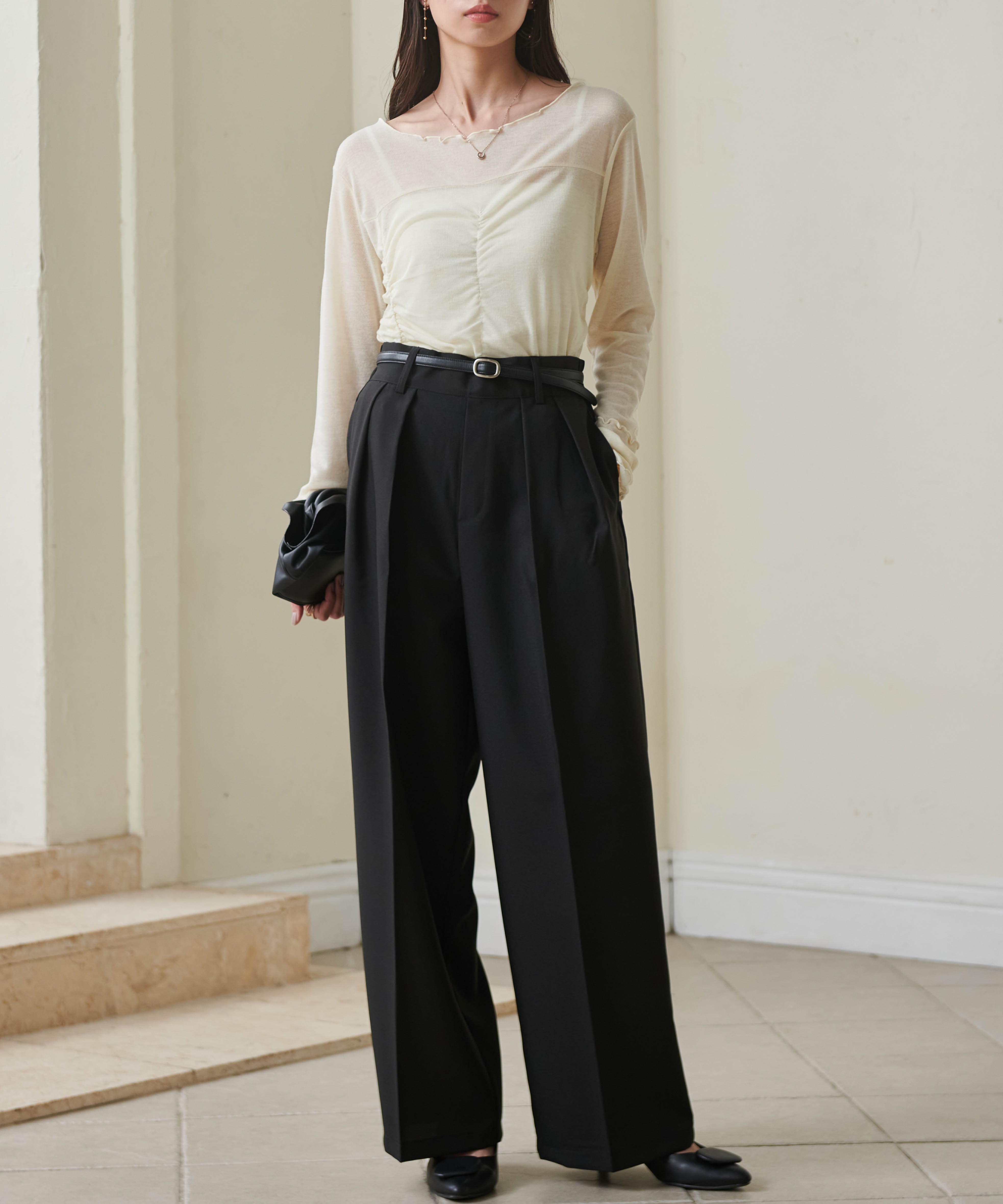 ラナン RANAN ギャザーデザインシアーTシャツ （イエロー） イエロー