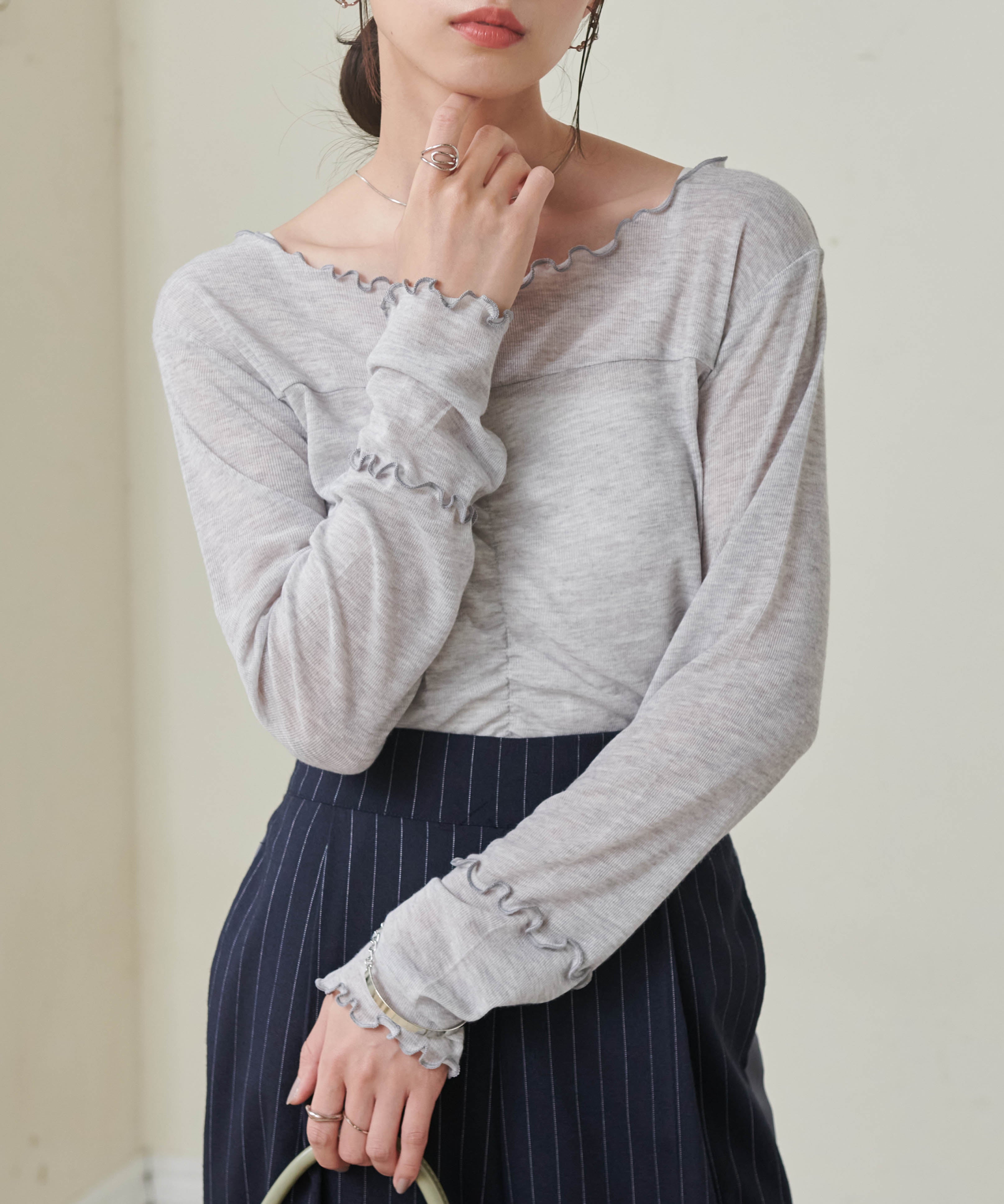 ラナン RANAN ギャザーデザインシアーTシャツ （グレー） グレー