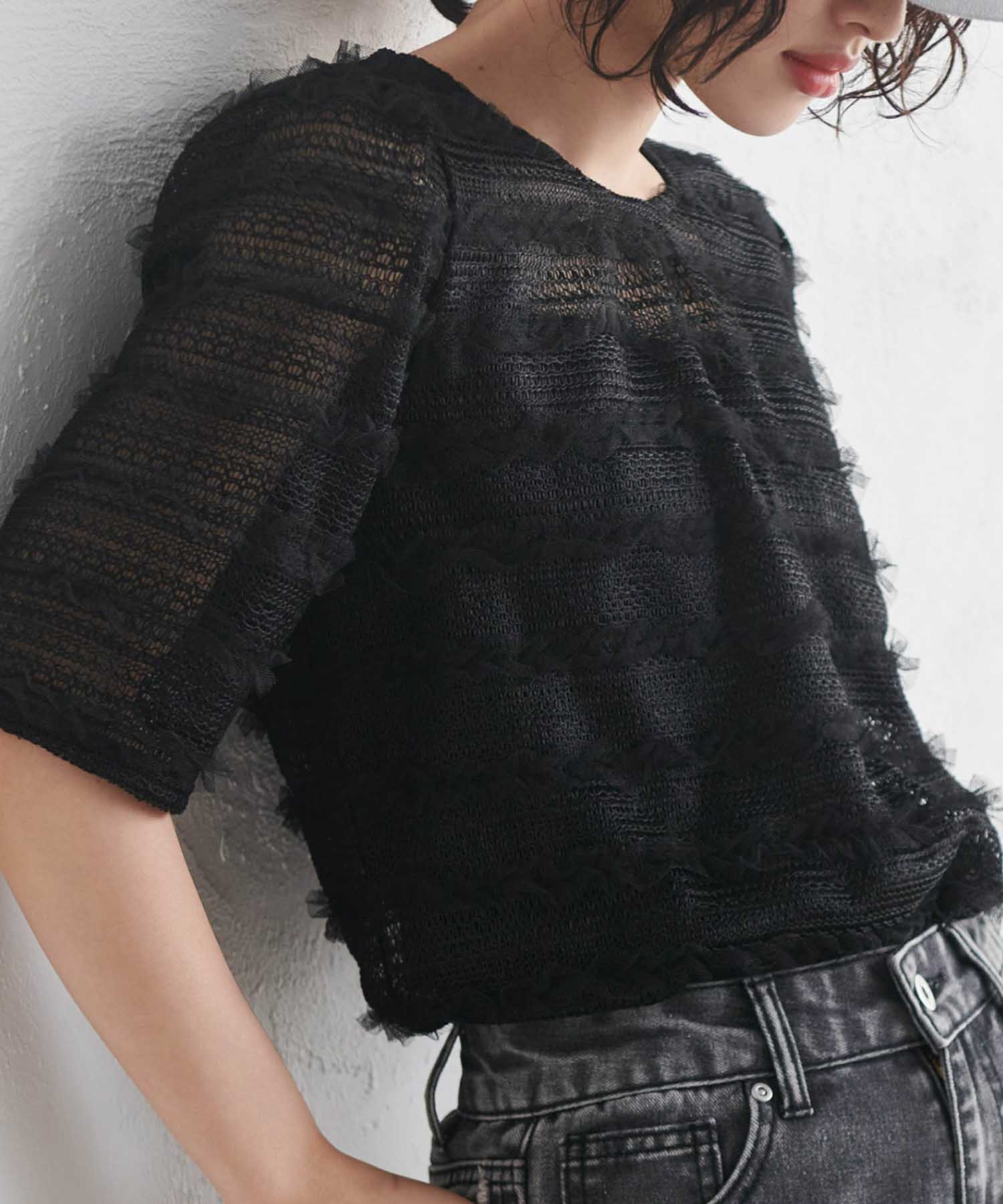 ラナン RANAN フリルレースパフスリーブトップス