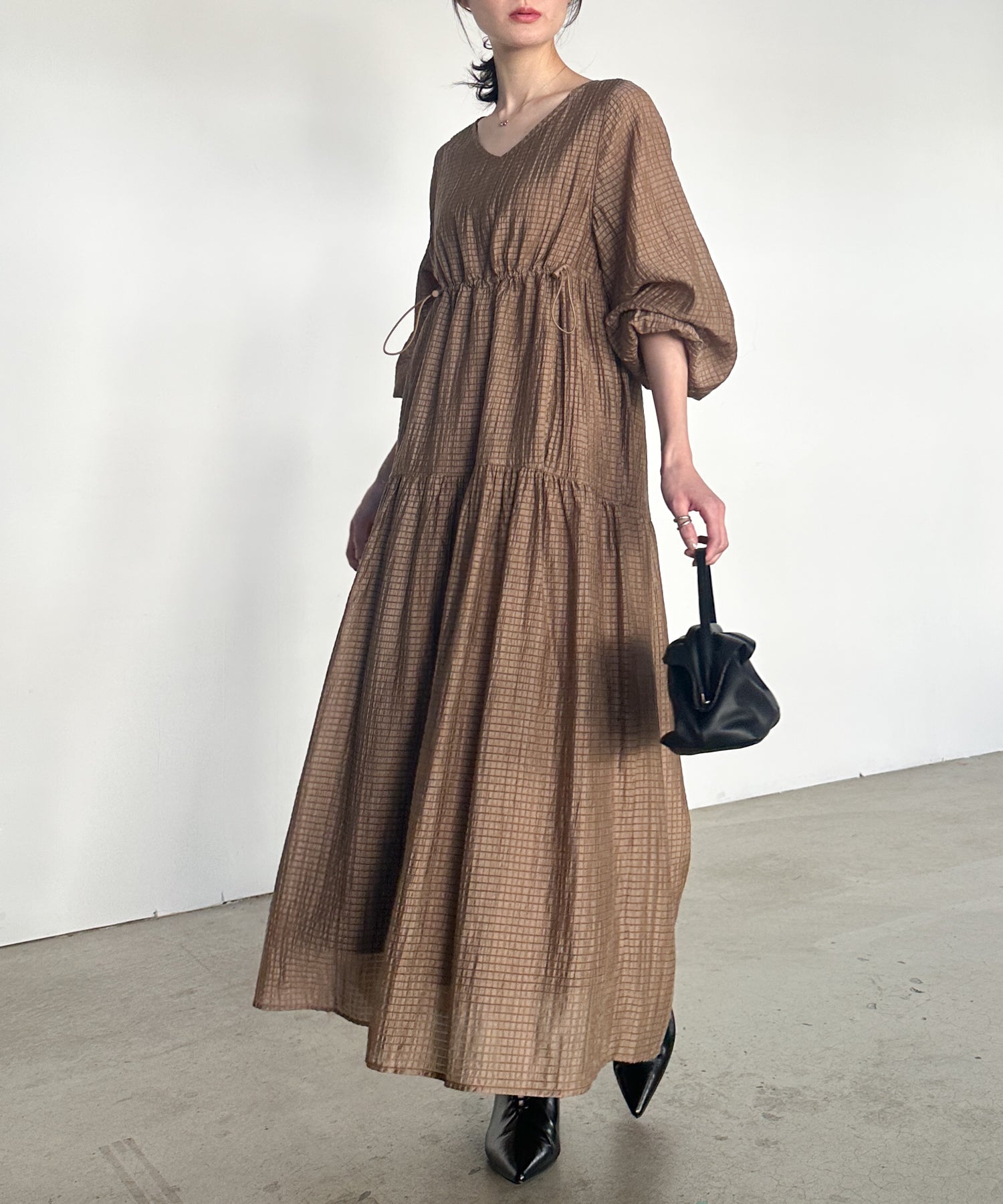 ラナン RANAN シアーチェックドロストギャザーティアード （モカ） モカ