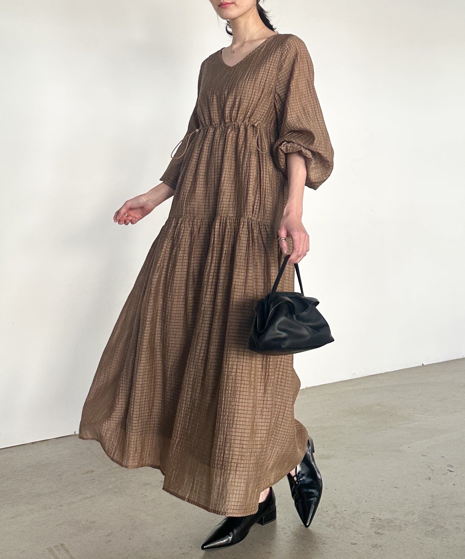 ラナン RANAN シアーチェックドロストギャザーティアード （モカ） モカ