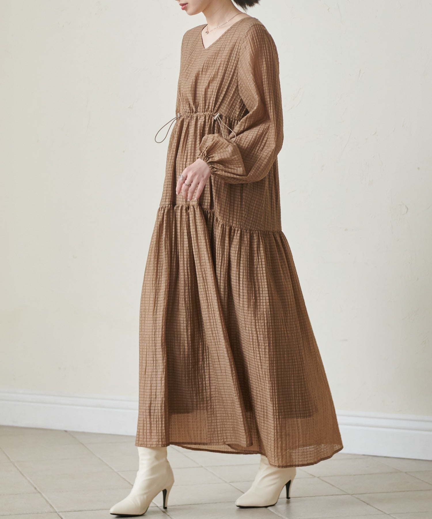 ラナン RANAN シアーチェックドロストギャザーティアード （モカ） モカ