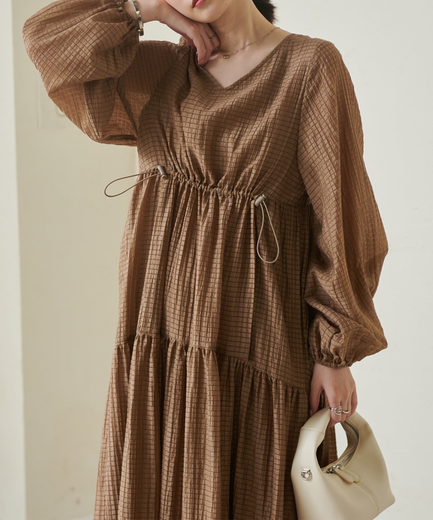 ラナン RANAN シアーチェックドロストギャザーティアード （モカ） モカ