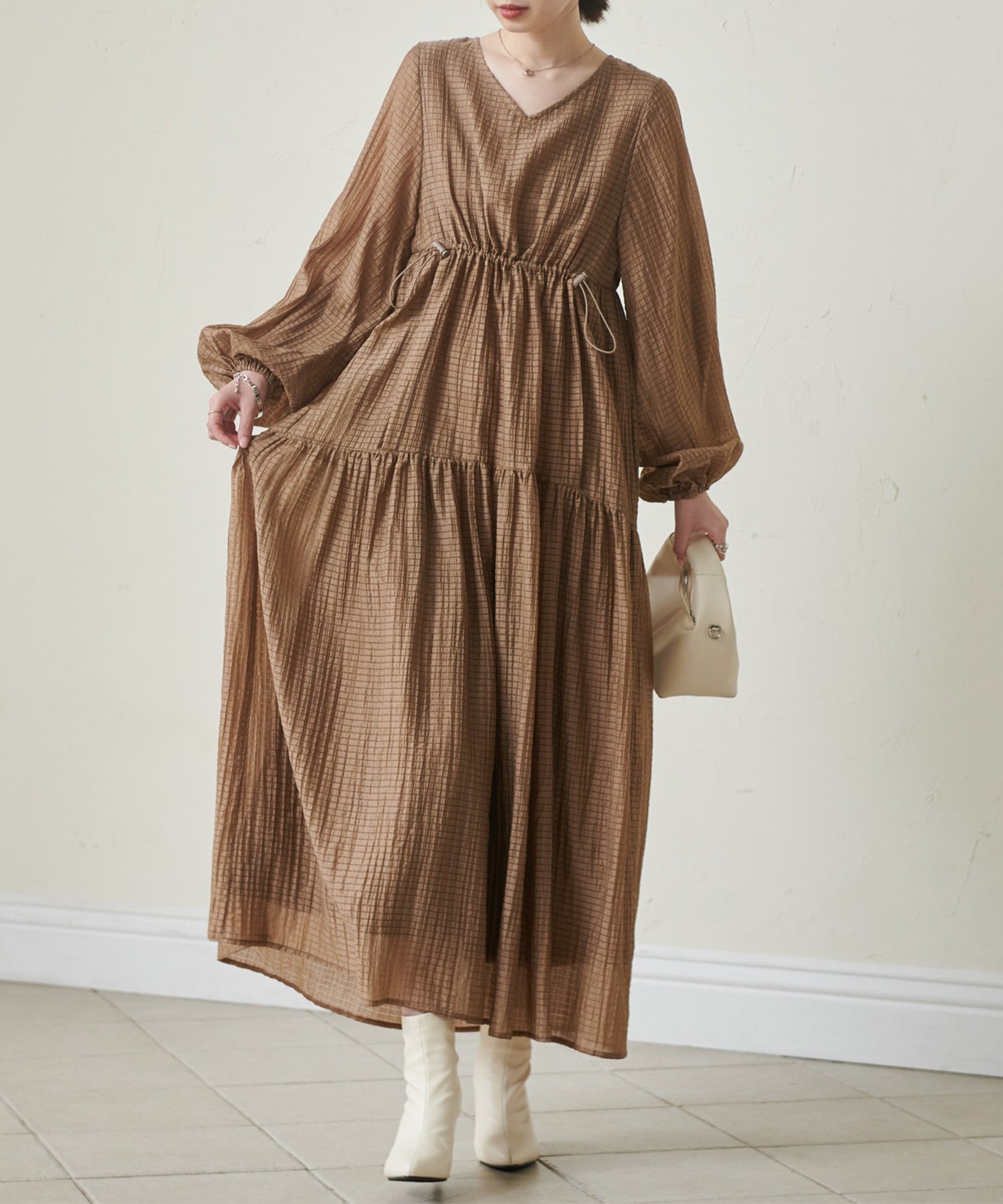 ラナン RANAN シアーチェックドロストギャザーティアード （モカ） モカ